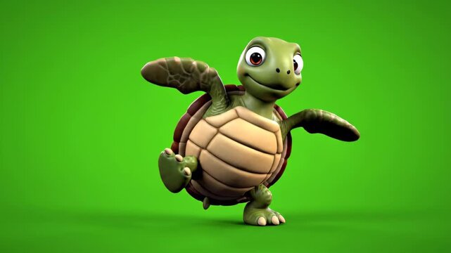 Cheerful cartoon turtle character dancing against a green screen background animation for kids educational content and animated productions
