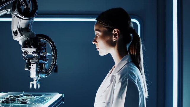 Scientist and technician focus on robotics. Woman leads innovation in laboratory. Engineer and man check microchip data. Microchip accuracy essential for research in advanced technology work