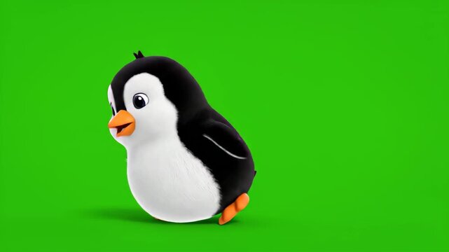 Cute cartoon penguin waddling animation sequence against green screen background for compositing and motion graphics projects,ideal for educational and childrens media