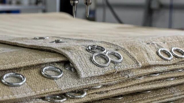 Medium perspective on reinforced patch application with eyelet stations focusing on added strength areas with layered canvases and metallic fasteners under mechanical press