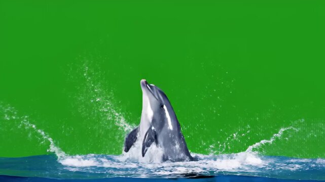 Dolphin leaping out of water on green screen for visual effects and compositing projects offering a unique marine animal element