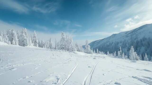 Snow mountain meadow with frosted tree and ski tracks under clear blue sky serene winter scene