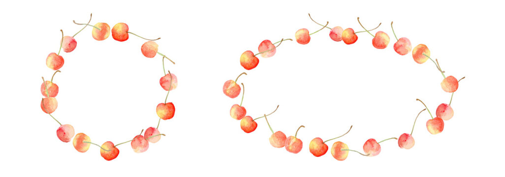 さくらんぼ Watercolor cherry wreath and oval frame for early summer design High quality-300dpi-	