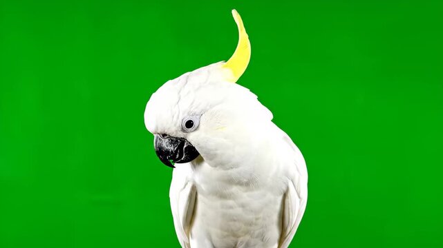 Elegant sulphur crested cockatoo bird displaying its plumage on a green screen for compositing and design projects exotic parrot beauty