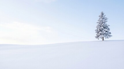 Obraz premium Lone Snowy Pine Tree in Minimalist Winter Landscape