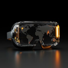 3D render of futuristic virtual reality goggles with glowing orange lights and world map on lens, for technology or gaming mockup, isolated on dark background, png