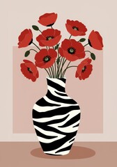 Vector illustration of red poppies in black and white zebra-print vase, for decorative design or floral pattern, Isolated on transparent background, png