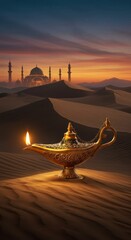 Golden oil lamp with flame, desert landscape, mosque in background, sunset, sand dunes, for mockup or overlay effect