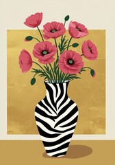 Illustration of pink poppies in a black and white zebra-print vase on a gold background, for mockup or decorative design, Isolated on transparent background, png