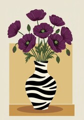 Vector illustration of purple poppies in a black and white zebra-print vase, for decorative design or floral pattern, Isolated on transparent background, png