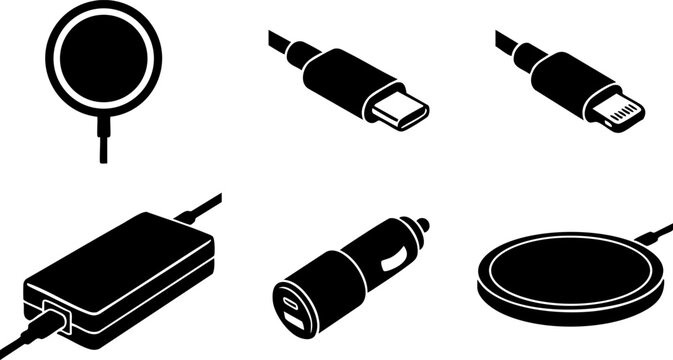 Minimalist Charging & Power Cables Vector Silhouette Icons - Tech Accessories Set
