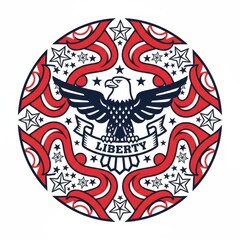 Vector illustration of a circular patriotic emblem with a bald eagle, red ribbons, and white stars on a dark blue shield, with 'LIBERTY' text on a banner, isolated on transparent background, png
