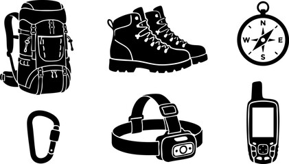 Minimalist Hiking & Outdoor Adventure Vector Silhouette Icons - Trekking Gear Set © Abdul Hamid