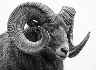 Monochromatic bighorn sheep or ram head illustration with textured horns, isolated on white background