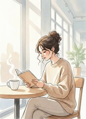 Watercolor illustration of a young woman with a messy bun reading a book at a cafe table, with a steaming coffee cup and bright window light, for website or social media
