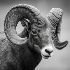 Close-up black and white illustration of a Bighorn Ram with large curved horns, detailed fur texture, for wildlife or nature themed design