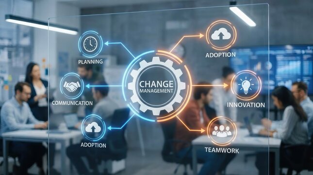 Professional Business Team Collaborating on Corporate Strategy with Change Management Icons Organizational Transformation and Executive Planning Concept
