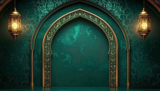 Luxury islamic frame background with ornate mosque arch gold outline hanging lanterns green wall