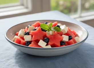 Fresh watermelon and blueberry salad with feta cheese cubes and star shapes, garnished with mint leaves, in a grey ceramic bowl on a blue linen tablecloth