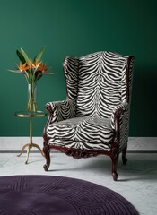 Zebra print wingback armchair with dark wood frame and brass side table holding orange bird of paradise flowers, on a marble floor with a deep emerald green wall and purple circular rug