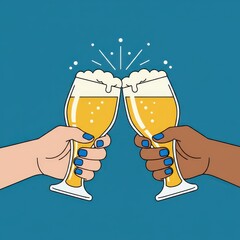 Vector illustration of two hands holding beer glasses toasting with white foam and bubbles, blue nail polish, on a teal background, for banner or social media