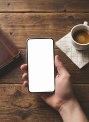 Hand holding a white screen smartphone mockup on a dark rustic wooden table with a white espresso cup and brown leather notebook