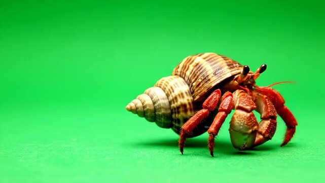 Hermit crab close up on green screen exotic pet in shell walking studio shot macro view colorful isolated