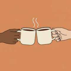 Vector illustration of two hands with different skin tones toasting white coffee mugs with steam on a warm orange background, for social media or banner