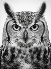 Close-up portrait of a Great Horned Owl with intense gaze, black and white photography, isolated on white background