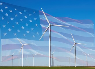 Digital illustration of white wind turbines on a green field with a semi-transparent American flag overlay, for renewable energy or environmental concepts