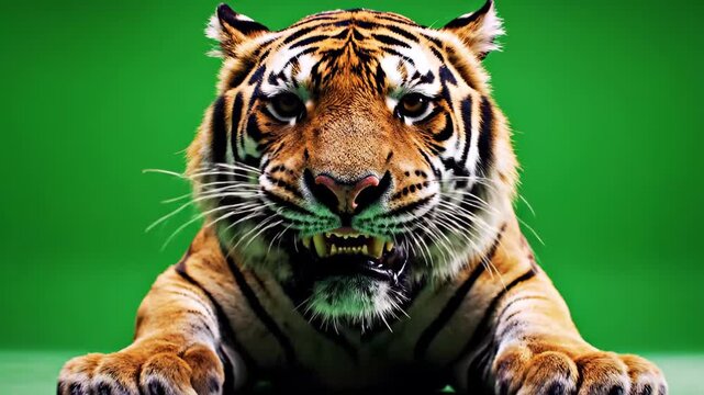 Impressive tiger front view roaring on green screen revealing powerful teeth close up captivating feline animal in studio setting