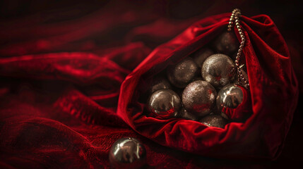 A luxurious red velvet pouch filled with metallic spheres, creating a rich and elegant visual contrast.