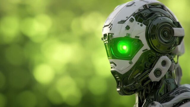 Close up of futuristic robot head with glowing green eye against bright green bokeh background
