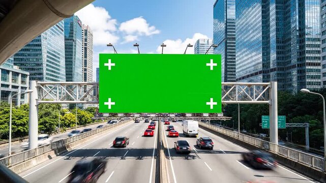 A large green screen billboard hangs over a bustling city freeway filled with motion-blurred cars passing beneath towering modern skyscrapers on a cle