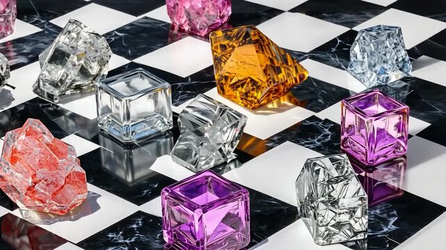 Colorful crystals on a checkered surface
