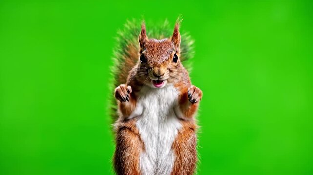 Squirrel with green screen background cheerful rodent animal portrait playful wildlife creature isolated mammal nature forest woodland animal behavior cute fluffy tail funny animal animation