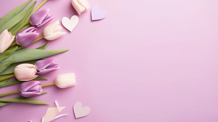 Fototapeta premium Mother's Day floral gift concept. Top view flat lay of pretty tulip flowers, paper hearts on a soft pastel violet background with space