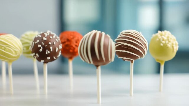 Assortment of colorful decorated cake pops displayed in  row on white surface