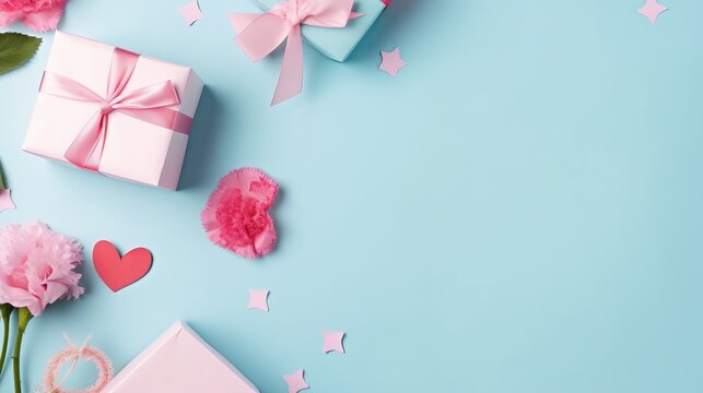 Mother's Day memories concept. Top view flat lay photo of gift boxes with pink ribbons, carnation flowers, and pink paper hearts on pastel blue background with empty space for text or advert