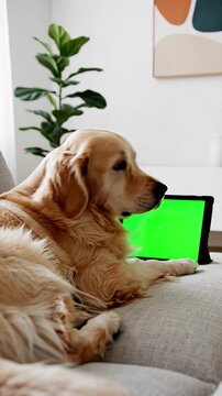 A loyal Golden Retriever dog relaxes on a comfortable gray couch while watching a video on a modern tablet with a vibrant green screen displayed in a 