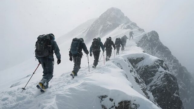 Mountaineers climbing snowy high-altitude mountain in heavy snowstorm