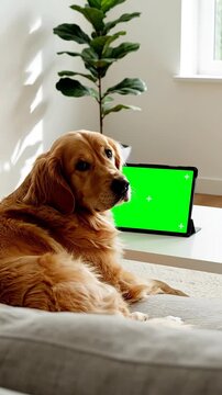 A loyal Golden Retriever dog relaxes on a comfortable sofa while intently watching a digital tablet displaying a bright green screen for easy content 