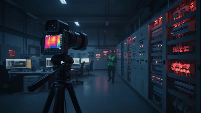 Stationary thermal imaging device capturing heat signatures from electrical panels in a dimly lit control room for proactive safety monitoring.