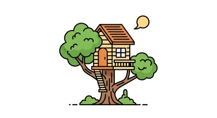 Whimsical Treehouse with Lush Green Trees and Speech Bubble
