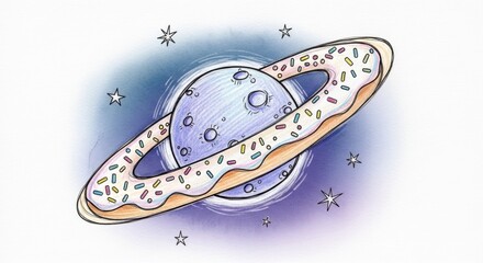 Whimsical Planet Saturn with Donut Ring and Stars, Hand-Drawn Illustration
