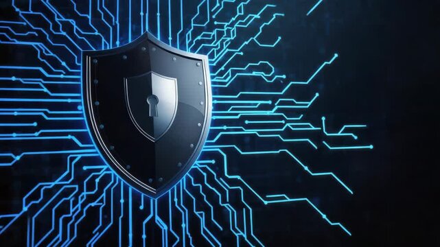 Cybersecurity shield with glowing circuit lines and secure metal shield keyhole conveying network