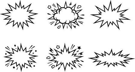 Fototapeta premium Comic book explosion speech bubbles, set of 6 black and white starburst frames, retro pop art shout clouds for graphic design, EPS vector