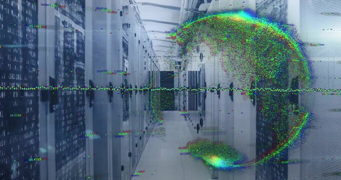 Animation of glowing pixel globe and data processing over server room