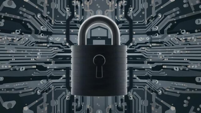 Secure padlock over digital circuit board pattern conveying data protection cybersecurity