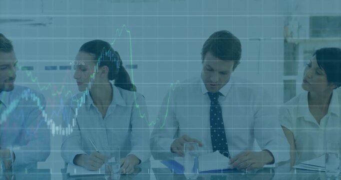 Discussing financial data, business team analyzing stock market graph animation in office